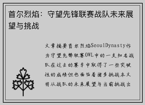 首尔烈焰：守望先锋联赛战队未来展望与挑战