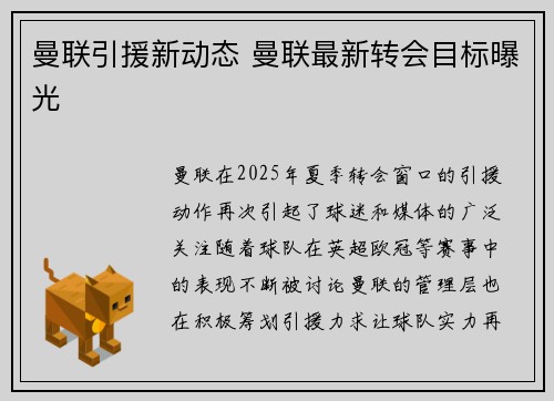 曼联引援新动态 曼联最新转会目标曝光